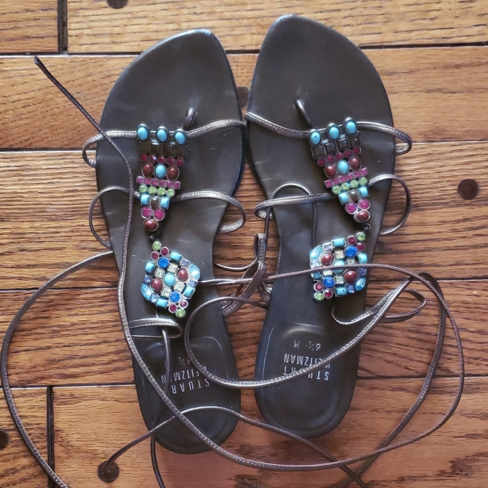 Stuart Weitzman Lace-Up Beaded Sandals